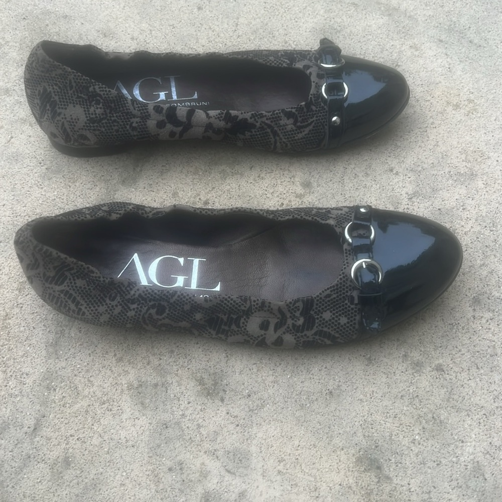 AGL Attilio Leombruni Black/Taupe Floral Toe Cap Flat Women's Size 37.5 / 7.5 - Picture 3 of 9